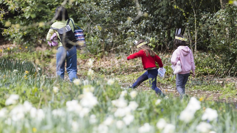 A family in the garden at Osterley against a foreground of white narcissi